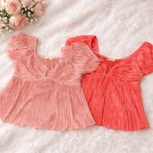 ILLA ILLA 2pc Pleated Babydoll Puff Sleeve Tops Bundle Pink & Coral size M
